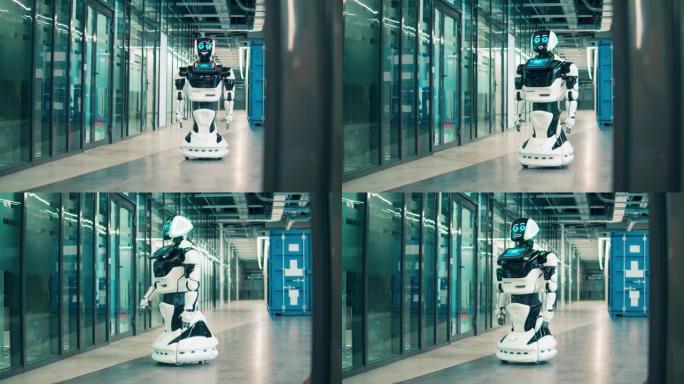 高科技机器人沿着建筑物移动