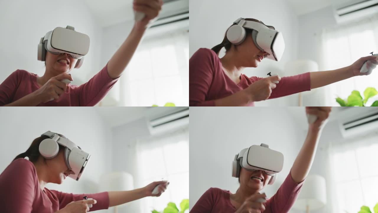 女人VR在家玩游戏射击