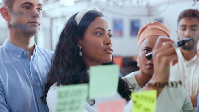 黑人妇女，领导和演示与便利贴在商务会议，团队合作和头脑风暴策略。团队，非洲女性领导者和团队培训或