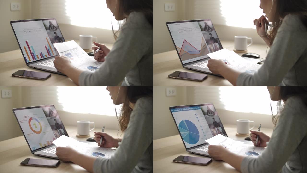 亚洲妇女与她的团队进行在线视频通话，在家工作