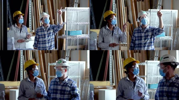 男人和女人在仓库工作，戴着口罩