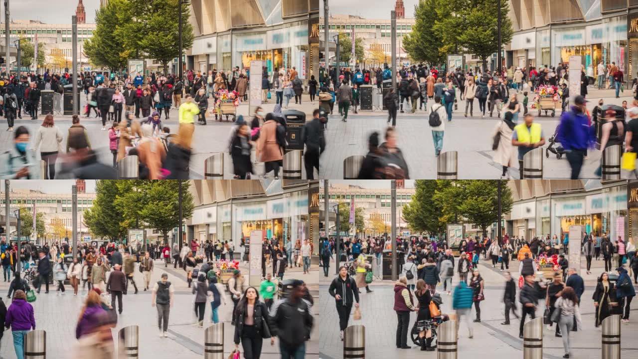 英国英格兰伯明翰市购物街斗牛场和中央车站步行的人群和游客的时间流逝