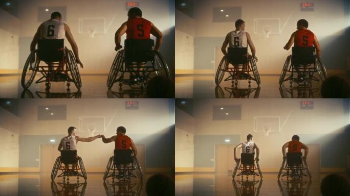 一对一的轮椅篮球比赛。准备比赛的竞争朋友在比赛前做拳头碰撞。两名职业选手决心赢得比赛。残疾人的灵感