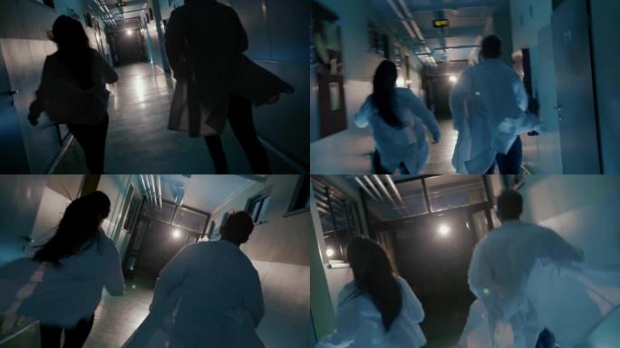 SLO MO两名身穿实验室外套的急诊室医生在医院走廊上奔跑