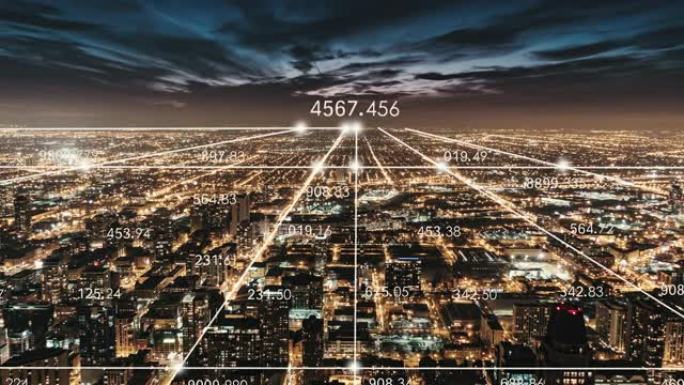 T/L PAN芝加哥城市天际线和夜间5g网络概念