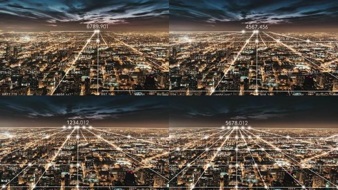 T/L PAN芝加哥城市天际线和夜间5g网络概念