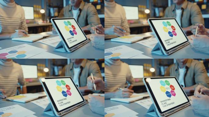 亚洲商人会议计划分析统计集思广益和团队标题保持平板电脑点图表，员工在现代家庭办公室之夜注意。