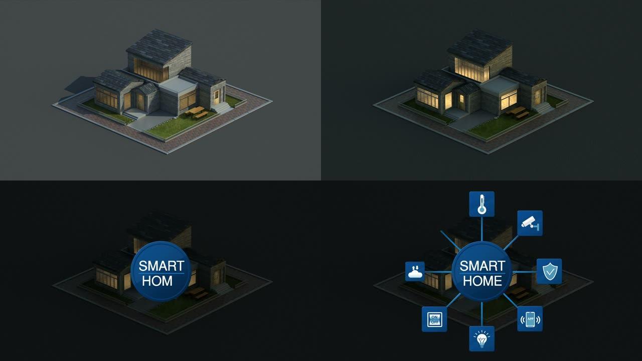 智能房屋组装，IoT家庭控制图标，家庭安全，cctv，能源，电器，温度，移动应用程序，物联网，4k动