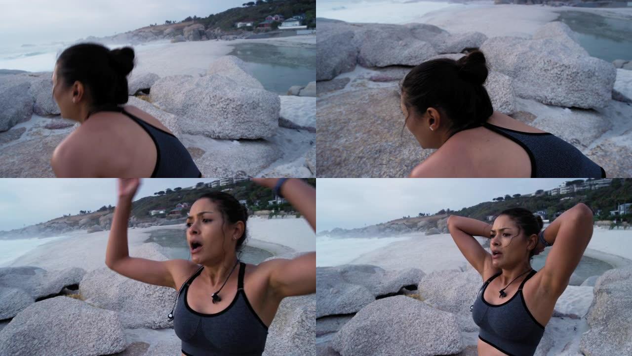 大海，跑步和呼吸疲惫的跑步者女人戴着耳机在大自然中进行健身锻炼。海洋，海滩和户外运动的运动员在运动中