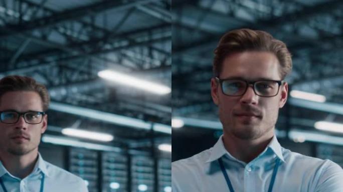 垂直屏幕。数据中心微笑的首席技术官戴着眼镜的肖像走进了焦点，看着相机。云服务系统管理员。SAAS、云