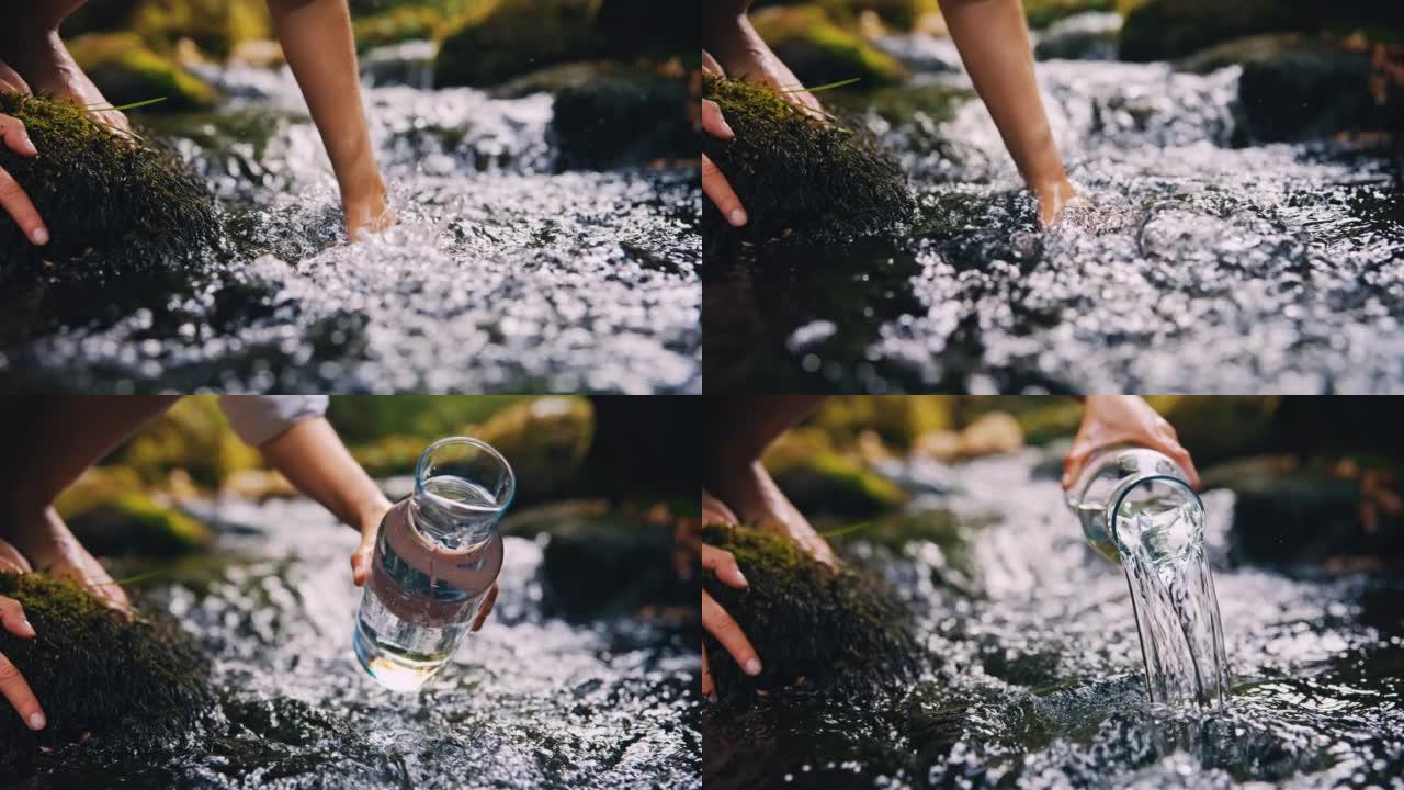 SLO MO女人在湍急的溪流中用水冲洗水罐