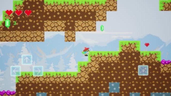 循环视频游戏模拟播放概念: 复古2D游戏机游戏，玩家在像素化数字世界中移动，与怪物战斗并收集物品。白