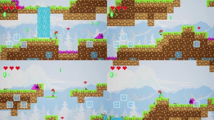 循环视频游戏模拟播放概念: 复古2D游戏机游戏，玩家在像素化数字世界中移动，与怪物战斗并收集物品。白