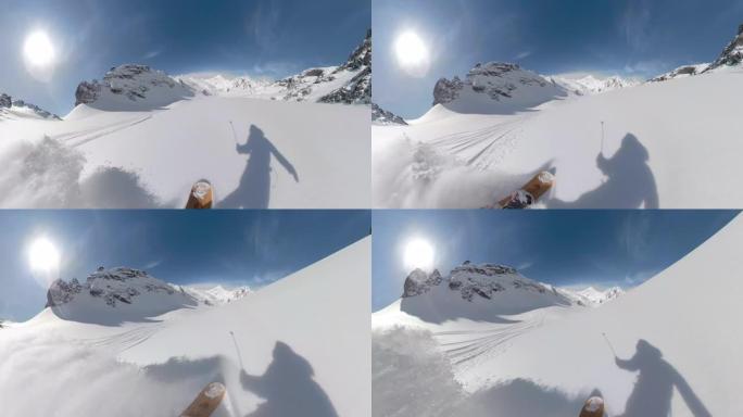 POV: 在风景秀丽的落基山脉骑行时切碎原始粉末雪。