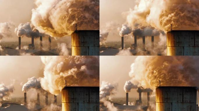 特写: 空中极端污染工厂排气烟囱，PM2.5地球污染极端天气气候变化