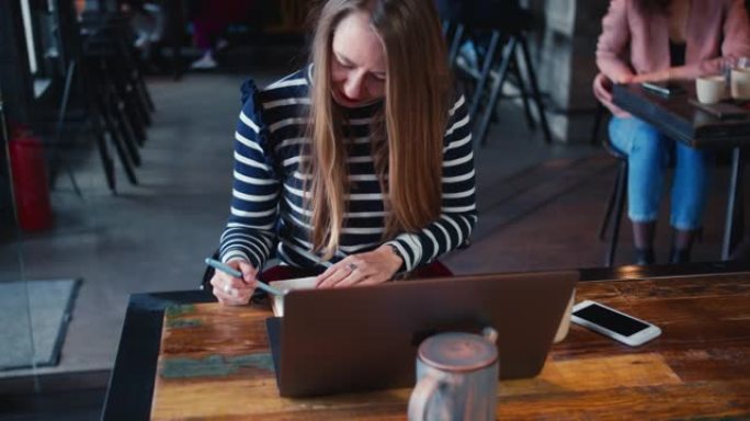 时间管理。快乐成功的女性金发经理女人做笔记，用笔记本电脑在时尚咖啡馆在线工作。