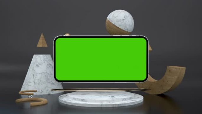 清晰的绿屏智能手机，用于演示电子商务博客游戏应用程序。广告模型的抽象风格色键显示。3d动画艺术对象和