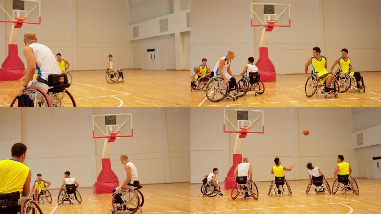 适应性运动员坐在轮椅上在篮球场上投篮。