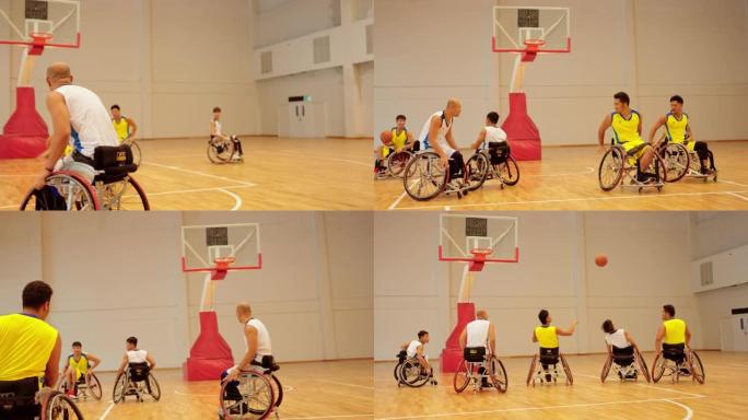 适应性运动员坐在轮椅上在篮球场上投篮。