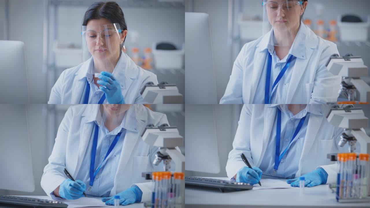 实验室女工作人员戴着防护用品面罩在电脑上记录测试结果