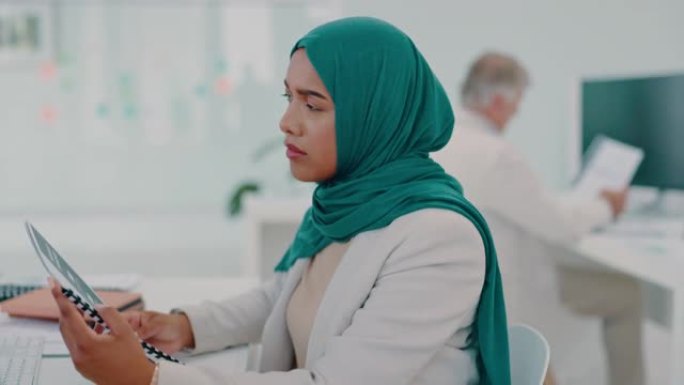 电脑，文件或穆斯林创业女性研究回顾，数据分析或公司KPI增长报告。技术，创意或女性员工打字日历议程，