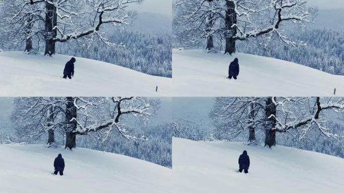 迷失的徒步旅行者独自行走在深雪中迷失方向冬季景观户外探险之旅