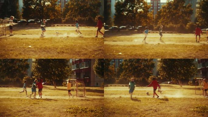 在阳光明媚的天气里，多元文化的朋友在后院踢足球。快乐的男孩和女孩在足球场上享受户外运动。