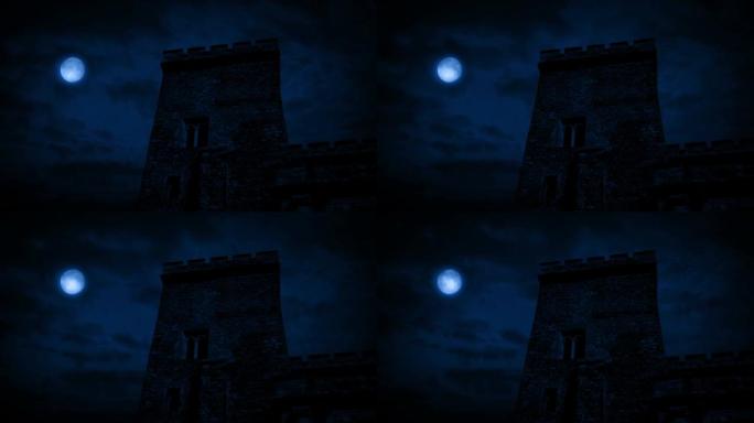 晚上有月亮在上面的城堡塔