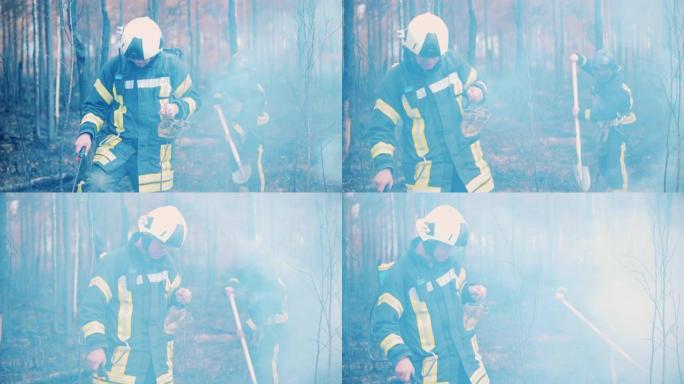 消防员正在铲倒树林。消防员，消防员，森林火灾概念。