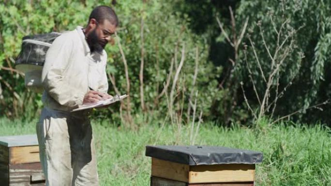一个英俊的年轻养蜂人在养蜂场工作的4k视频片段