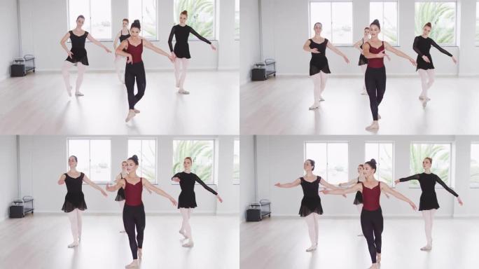 在芭蕾舞课上，高加索芭蕾舞女舞者在镜子前用镜子锻炼