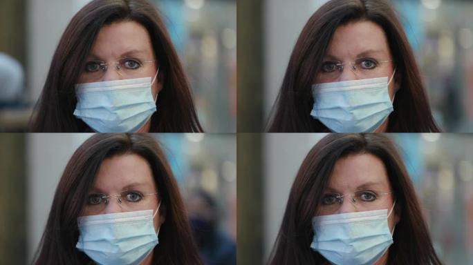 购物中心一名熟女戴着防护口罩防止新型冠状病毒肺炎冠状病毒大流行的特写肖像