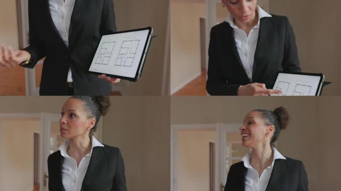 房地产经纪人使用她的平板电脑展示和讨论房屋计划
