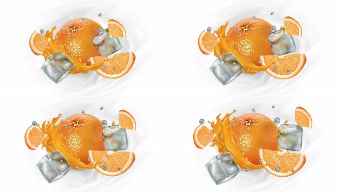 橙子配果汁、冰块和水滴。