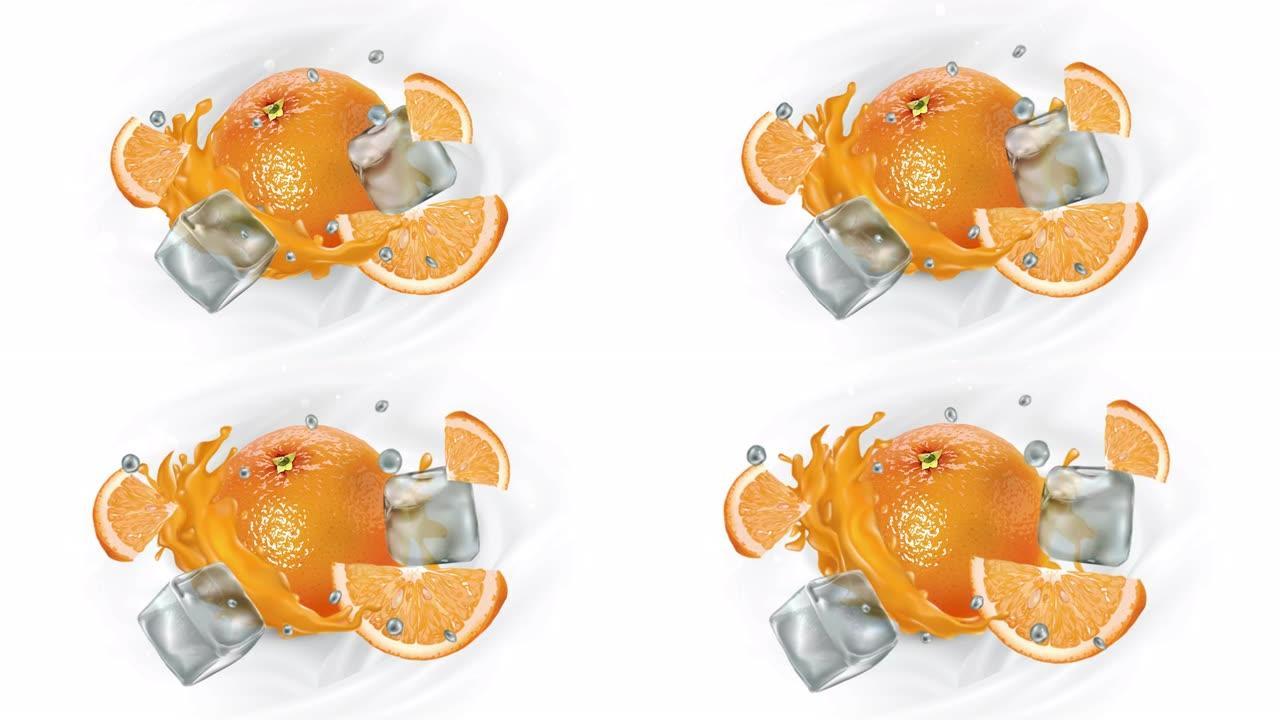 橙子配果汁、冰块和水滴。