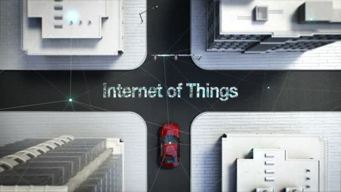 自动驾驶汽车在十字路口连接 “互联网” 控制系统，顶视图，4k动画。