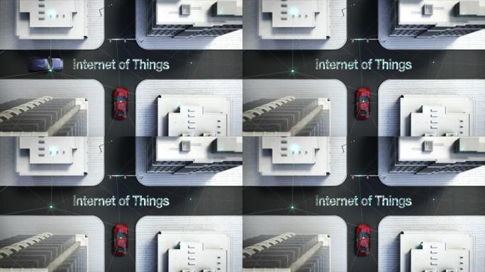 自动驾驶汽车在十字路口连接 “互联网” 控制系统，顶视图，4k动画。