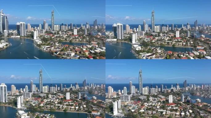 现代城市摩天大楼之间的数字生成连接的4k延时视频片段
