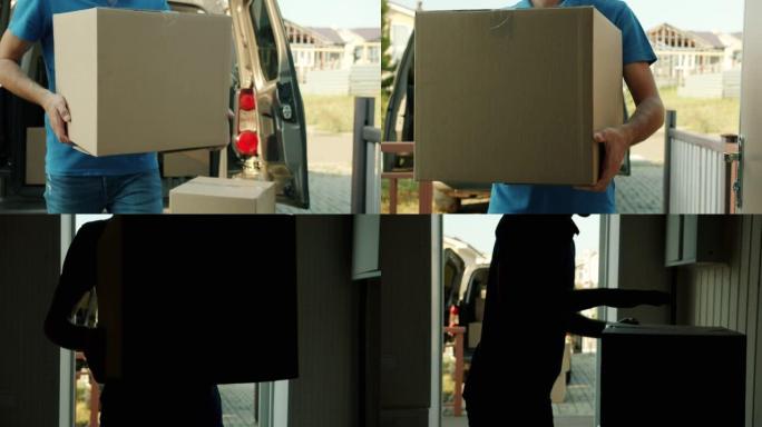 匿名男子将纸箱从送货车带到独自工作的顾客家中