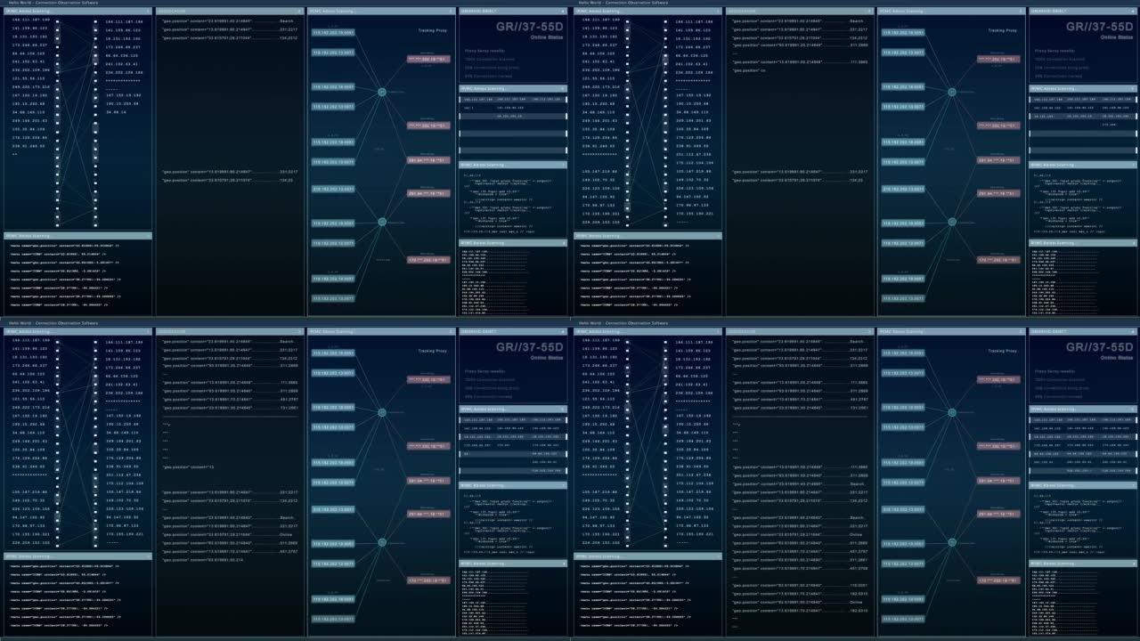 具有通用编程语言和ip地址的连接观察软件模型。带有多个窗口的黑暗监控界面。计算机显示器和笔记本电脑屏