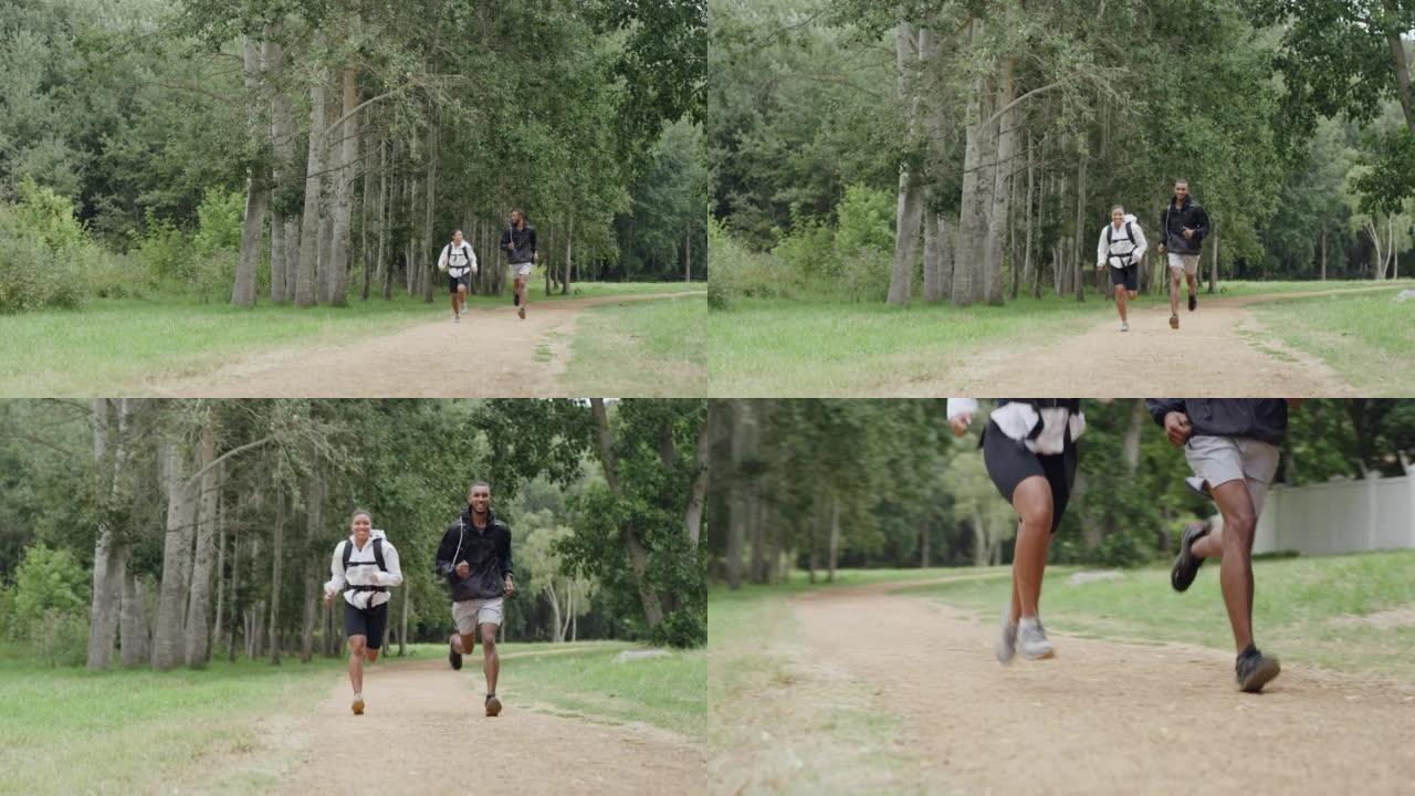 一对夫妇在森林小径上一起在户外跑步。运动健美的朋友在树林或公园锻炼和慢跑。健身和健康的人在树木附近的