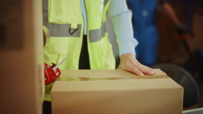 在零售仓库专业工人包装包裹，用胶带分配器密封的纸板箱准备装运。送货配送中心堆满了货架上的货物。慢动作