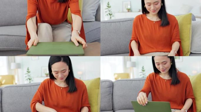 自由女性，远程工作和笔记本电脑，用于在客厅家庭沙发上与亚洲人一起撰写时尚博客内容。快乐的女学生作家在