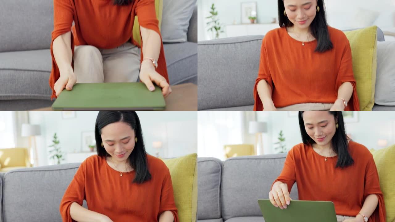 自由女性，远程工作和笔记本电脑，用于在客厅家庭沙发上与亚洲人一起撰写时尚博客内容。快乐的女学生作家在