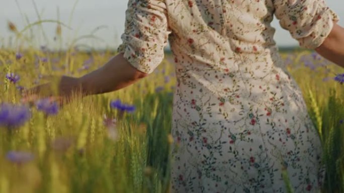 在麦田上行走时，带着紫色花朵的慢动作女人用相机调情