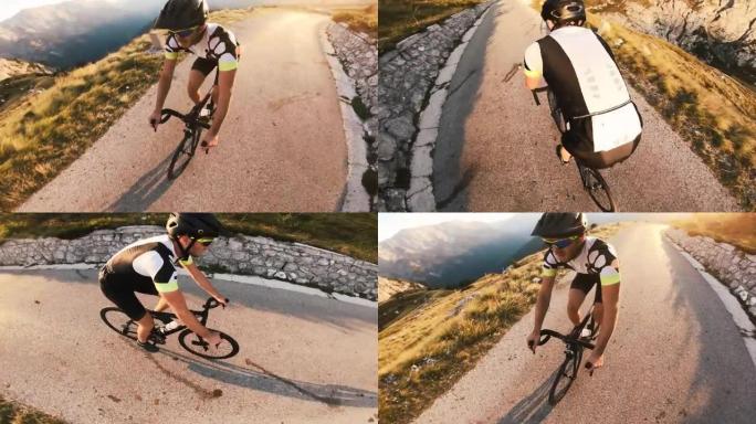 在日落的一个美丽的晴天，一个专注的男性公路自行车运动员在山路上骑行的肖像，动作镜头