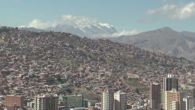 南美玻利维亚拉巴斯无尽的穷人房屋和伊利马尼山。放大。4k分辨率。