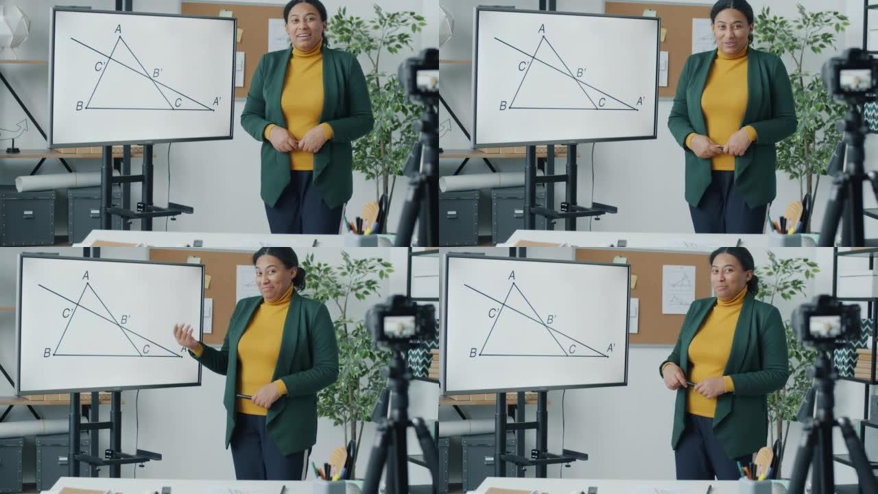非裔美国女士博客作者录制视频，用于使用相机教数学的教育vlog