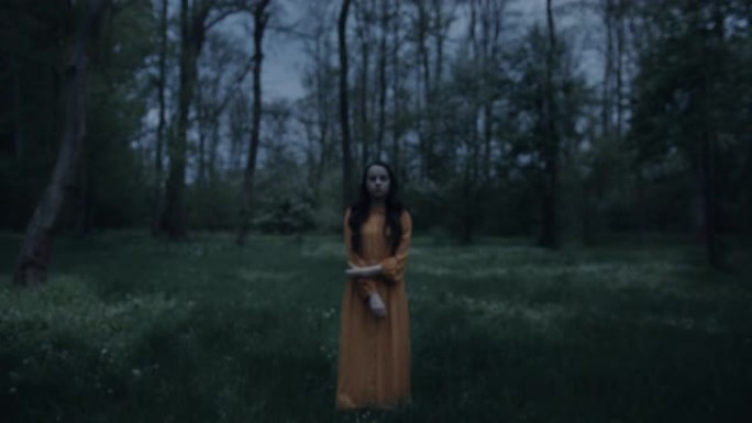 慢动作推入一个穿着橙色连衣裙的怪异黑发女人的镜头，站在空旷的森林里，恐怖的场景