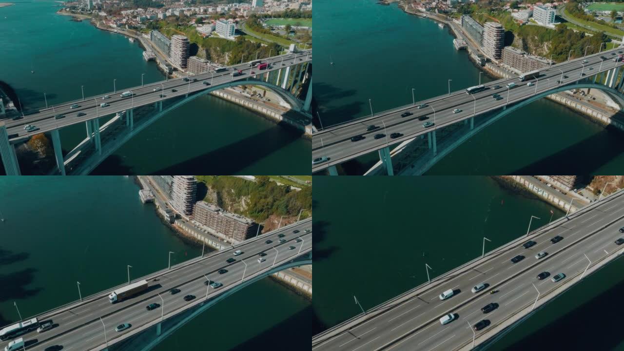 河上桥梁的空中俯视图